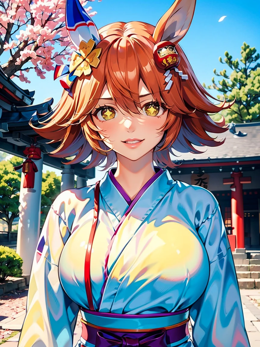 (Hyper-realistic), (a picture), (high resolution), (in 8K), (high detailed), (Best Illustration), (matikanefukukitaru \(umamusume\)), (Beautiful detailed eyes), (Beautiful detailed face), (top-quality), (ultra-detailed), (masterpiece), (wall-paper), (extremely detailed face), (black long hair), (1 girl), (solo), (a detailed eye, thin cheeks, shinny skin, shiny lip, lighting on the face), (standing:1.0), Cameltoe, (large breasts), (small breasts), (skinny thigh), (slim waist), (smile), (miko clothes), (long sleeve), (long hakama:1.2), (sakura), (shinto shrine)