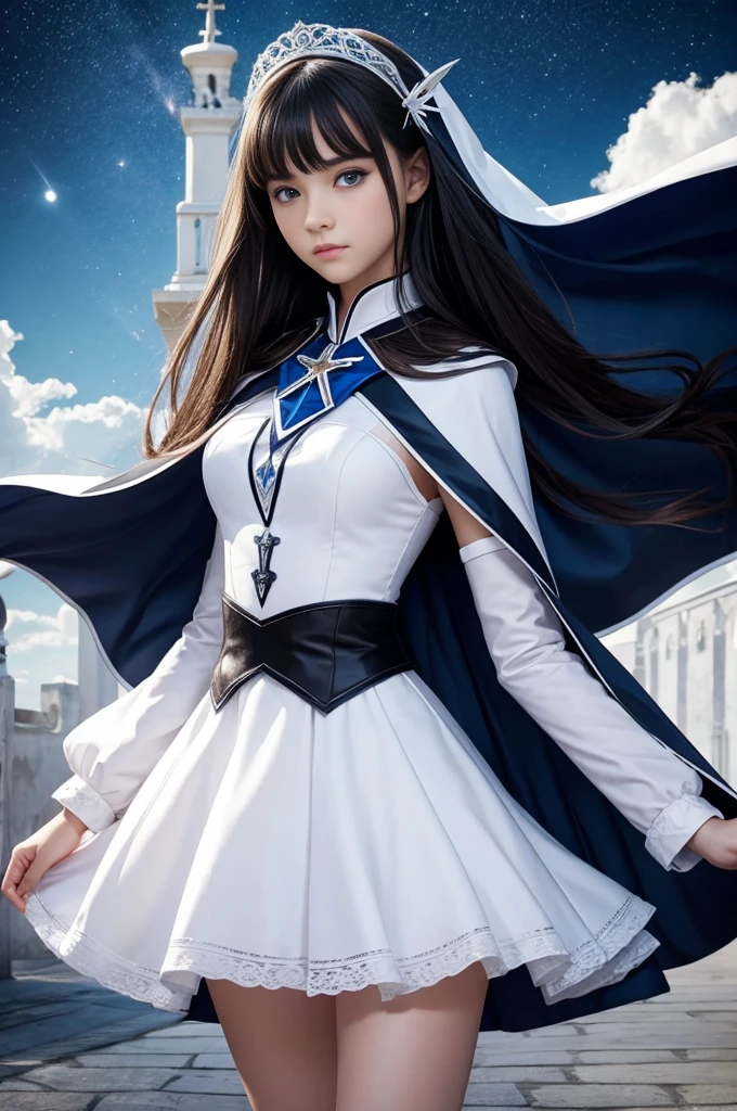 teenage,13 years old, with black hair and blue eyes, detailed face, antelical face,sexy, white, dress with cape, desing with christian cross , lolita, background in night