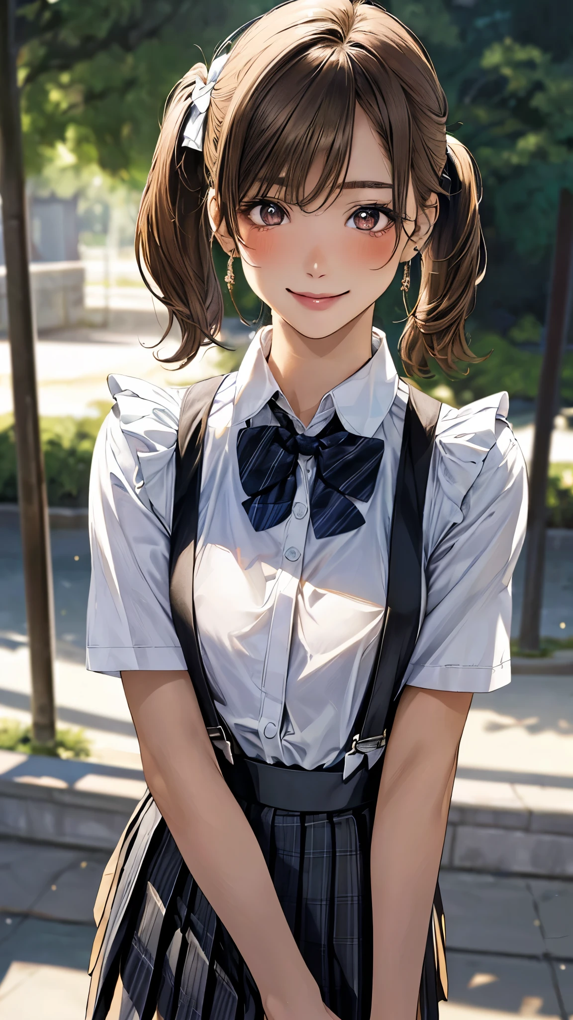 (masterpiece:1.3, top-quality, ultra high res, ultra detailed), (realistic, photorealistic:1.4), beautiful illustration, perfect lighting, natural lighting, colorful, depth of fields, surrealism,
beautiful detailed hair, beautiful detailed face, beautiful detailed eyes, beautiful clavicle, beautiful body, beautiful chest, beautiful thigh, beautiful legs, beautiful fingers,
looking at viewer, face focus, upper body, 1 girl, japanese, high school girl, (perfect anatomy, anatomically correct, super detailed skin), cute and symmetrical face, white skin, shiny skin,
(short hair, twintails, light brown hair), asymmetrical bangs, grey eyes, long eyelashes, (medium breasts, seductive thighs), slender, outstanding style, perfect face, perfect eyes, perfect fingers,
((detailed cloth texture, bottomless, white collared shirt, suspenders, pleated skirt, bow tie)), earrings, high heels,
(beautiful scenery), evening, (riverside), walking, (smiling kindly:1.2),