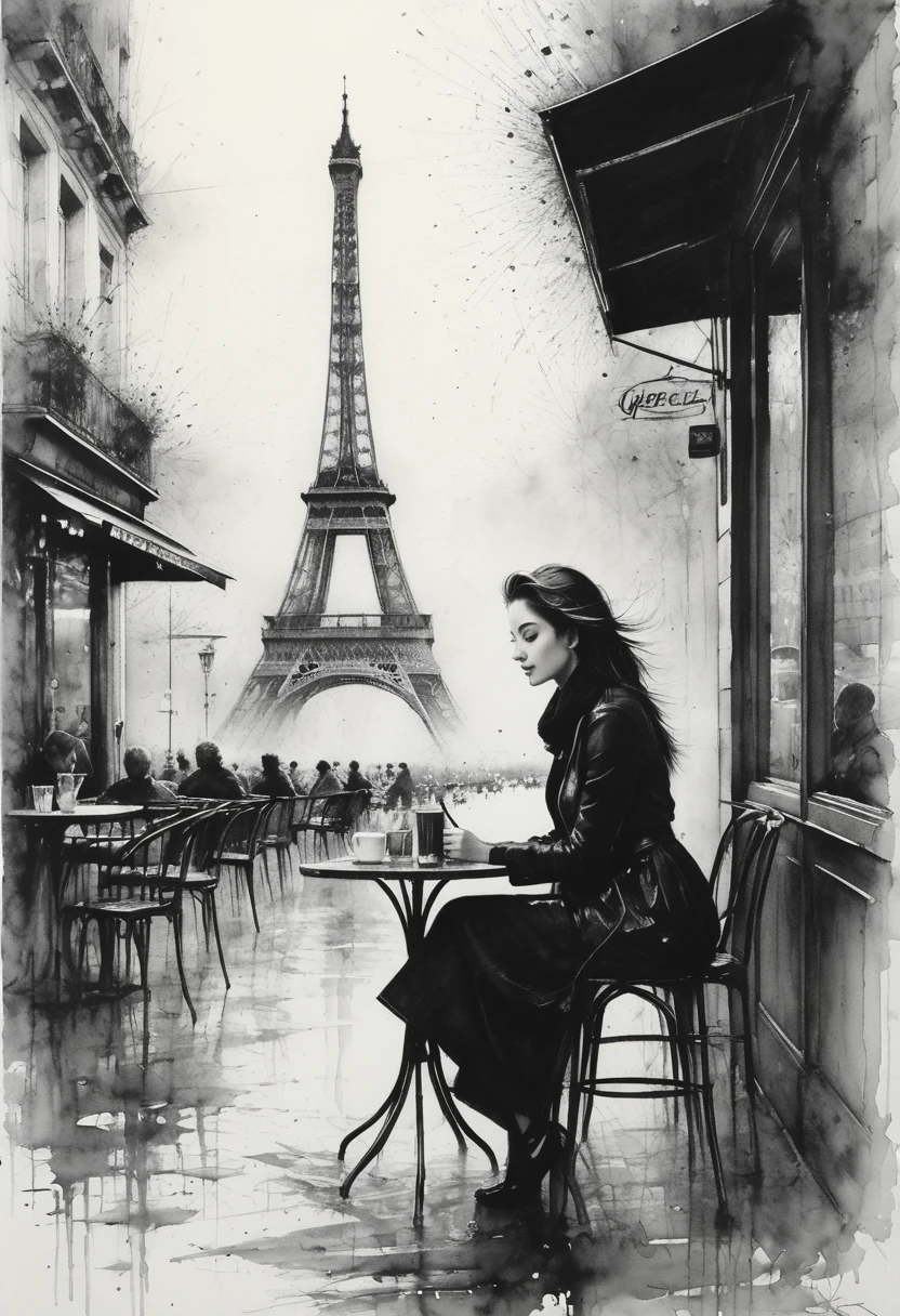 Charcoal drawing, crayons, black pencil drawing, pencil drawing, black and white drawing, graphite drawing, Poster, close-up, Full length, stunningly beautiful young woman sitting in a Parisian street cafe, portrait by Willem Henraets, watercolor, wet-on-wet and splatter technique, center, perfect composition, abstraction, surrealism Charcoal drawing, painting in the style of artists such as Russ Mills, Sakimichan, Vlop, Leush, Artgerm, Darek Zabrocki and Jean-Baptiste Monge,