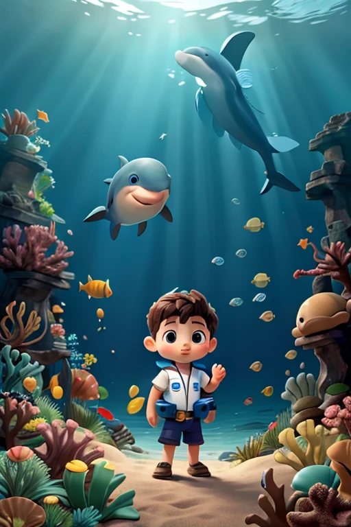 A , diver, in the depths of the ocean, with a dolphin in search of treasure. More detailed