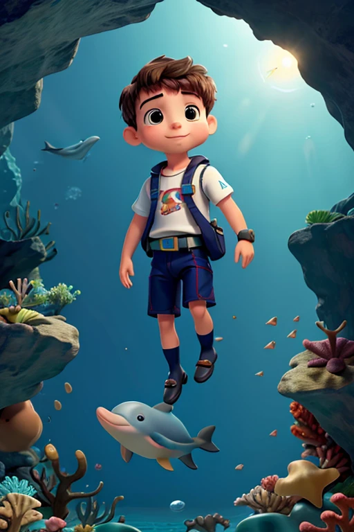 A little boy, diver, in the depths of the ocean, with a dolphin in search of treasure. More detailed