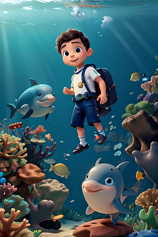 A little boy, diver, in the depths of the ocean, with a dolphin in search of treasure. More detailed