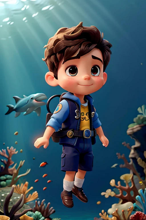 A little boy, diver, in the depths of the ocean, with a dolphin in search of treasure. More detailed