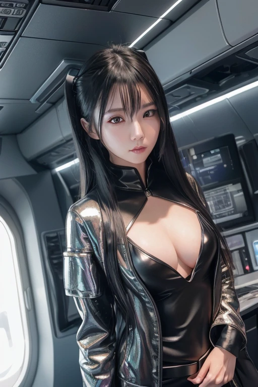 Cyborg Girl, Cyberpunk Girl, Digital Cyberpunk Art, (Digital Cyberpunk Art), cute、Ultra high definition、masterpiece、correct、Anatomically correct、Textured skin、Very detailed、High detail、high quality、最high quality、High resolution、8k、Raw photo、whole body、Beautiful age Woman、One Japanese woman、Big beautiful eyeedium chest、((Black semi-long hair))、(((Wear a cyberpunk shiny metallic flight attendant uniform)))、((Walking inside the plane))、Japanese girl