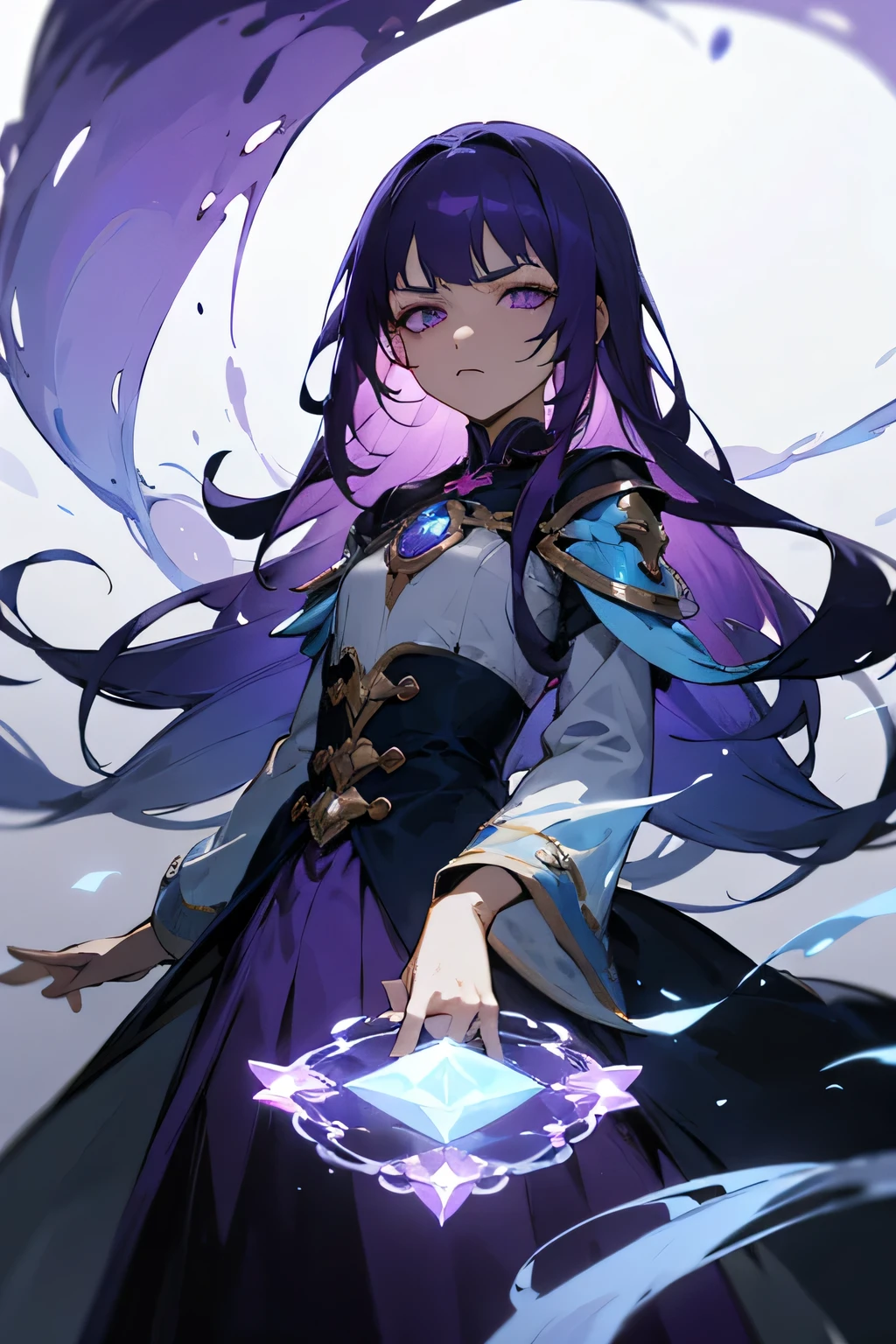 Female, Purple hair, long hair, gradient purple eyes, hair accesories, long Blue and purple hair, magical Forest, Dark Magic, unimpressed face