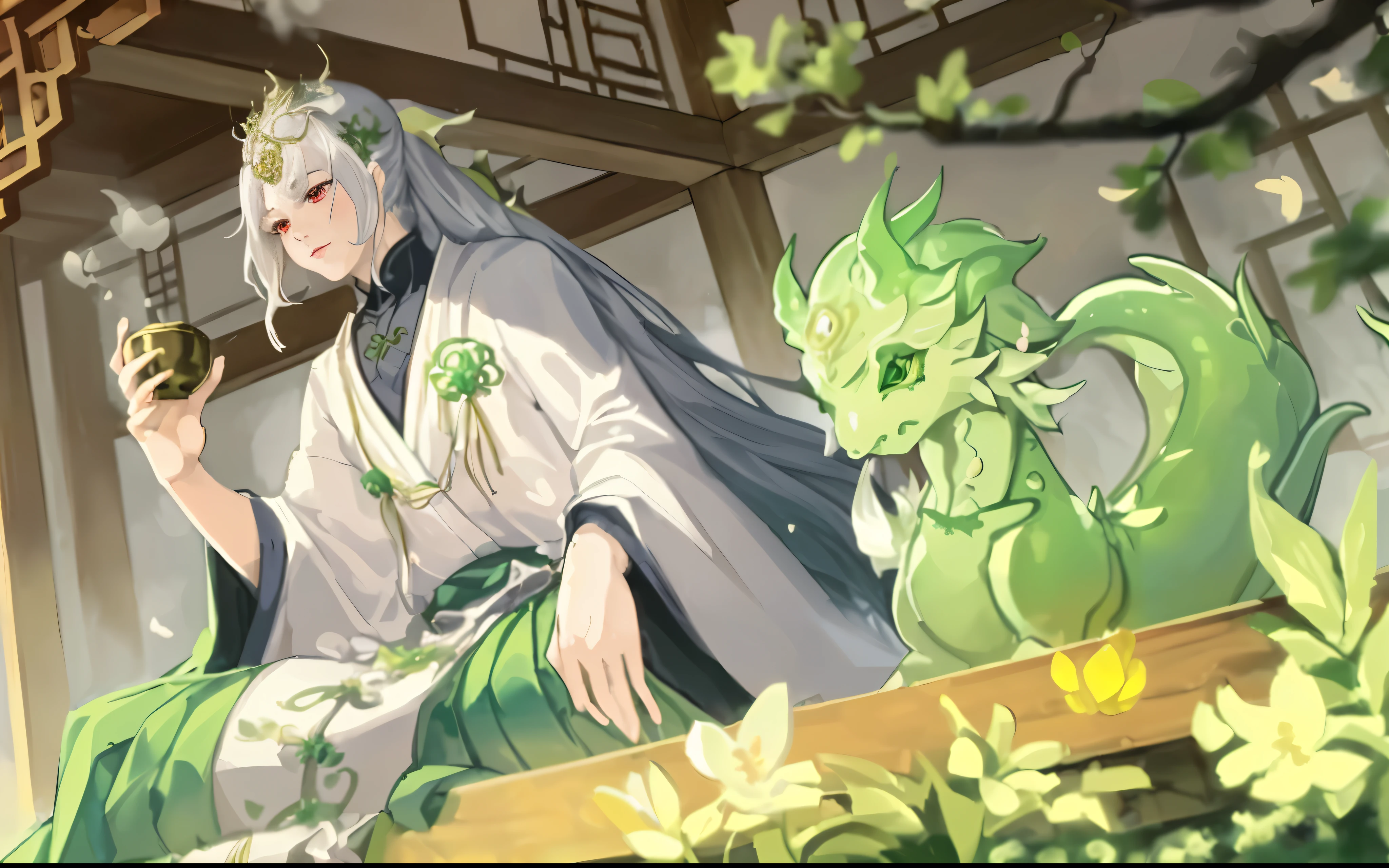 (best quality,4k,8k,highres,masterpiece:1.2),ultra-detailed,(realistic,photorealistic,photo-realistic:1.37),anime,green and white robes,cup,girl with white ponytail,red eyes,adorable dragon,colorful scenery,lush garden,soft sunlight,peaceful atmosphere,beautiful flowers,sparkling water,clear blue sky,whisper of the wind,serene expression,sakura petals floating in the air,delicate tea set,ornate teapot,golden tea leaves swirling in the cup,sweet aroma of tea,enchanting charm,ancient pagoda in the background,waterfall cascading down the rocks,ornamental bridge over a small pond,ivy-covered stone walls,mossy stone path,tranquil lake reflecting the beauty of the surroundings,fluffy clouds drifting lazily,playful dragon peeking around the girl,curious expression,oiriginal background music,subtle animation effects.