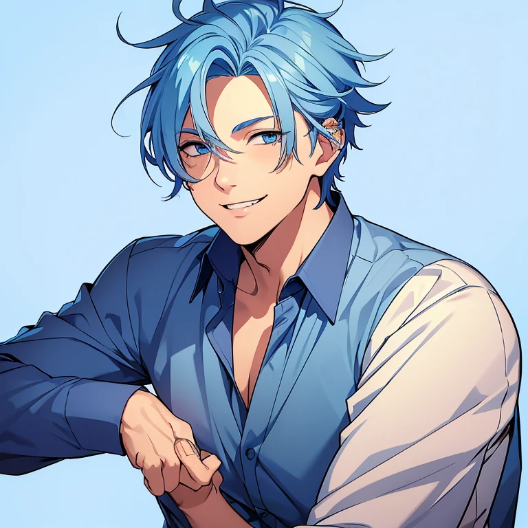 ((1man)), mature, winking, handsome boy, light blue hair, blue eyes, short messy blue hair, white background, male, man, handsome, 28 years old, adult man, ((young man)), smiling, sarcastic