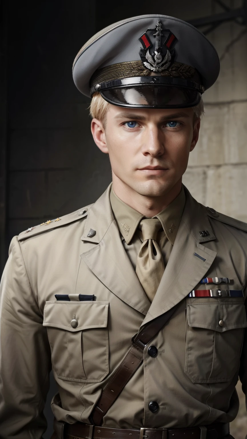 "Craft a vivid narrative depicting a strikingly handsome, blond-haired German military officer who serves as a high-ranking officer in the Waffen-SS during World War II. This officer, adorned in his grey military uniform and topped with a stern military cap, exudes an aura of chilling determination and lethal precision. His icy demeanor and merciless nature are palpable as he navigates the tumultuous landscapes of wartime Europe. Capture the essence of his presence on the battlefield, portraying both his tactical brilliance and the ferocity with which he executes his duties. Explore the complexities of his character, delving into the moral ambiguity that comes with his allegiance and actions within the context of history's most tumultuous conflict." uper fine face, super fine eyes, super fine nose, super fine mouth, perfect face, blue eyes, grey uniform,  uniform, ww2 soldier uniform, ww2 german soldier officer uniform.