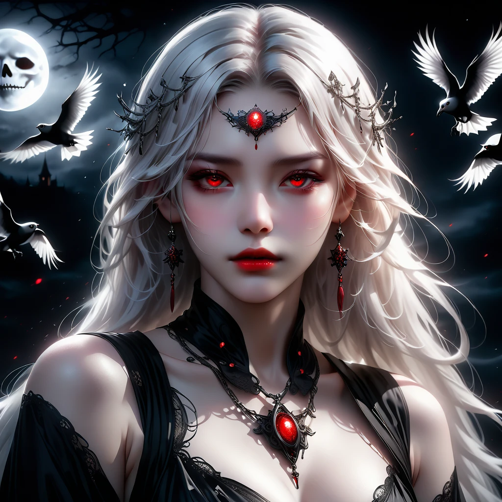 (best quality,4k,8k,highres,masterpiece:1.2),ultra-detailed,(realistic,photorealistic,photo-realistic:1.37),ghost,white hair,straight hair,red eyes,gothic art,fear,correct human anatomy.dragging chains,piercing gaze,translucent figure,haunting atmosphere,moonlit night,eerie silence,dark silhouette,ethereal presence,ominous aura,mysterious entity.