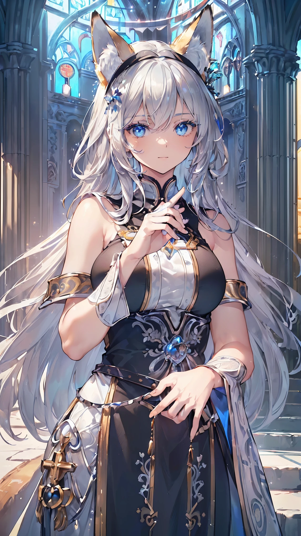 (((Masterpiece))), (((Highest quality))), ((Ultra-detailed)), ((Super fine illustration)), ((Ultra-fine painting)), (16K highest quality wallpaper:1.4), (Upper body:1.6), HDR, (Highly detailed and delicate illustration style:1.8), Detailed skin texture, Detailed cloth texture, Extreme detailed description, (T-masterpiece), (Highly detailed face:1.2), (Highly detailed fox ears:1.2), (Highly detailed and shiny Golden Brown hair:1.2), (Highly delicate and clear blue eyes:1.2), Original, RAW photo, Professional, Intricate details, Super details, Iridescent light:1.7, Direct light:1.6, (Perfect anatomy:1.4), (Highly detailed hands:1.2), (Highly detailed fingers:1.2), (Highly detailed fingertips:1.2), (27-years-old), (Solo:1.8), Real, ((A beautiful and attractive fox model with blue eyes who is a messenger of the gods and a shrine maiden:1.4)) BRAKE (Beautiful and adorable fox ears:1.6), (Highly detailed and delicate fox ears:1.4), (Beautiful and well-shaped big breasts:1.2), (Beautiful and well-shaped buttocks), (Very beautiful and shiny rainbow-colored hair, colorful hair:1.6), (Very beautiful and transparent blue eyes that shine in iridescent colors, colorful eyes:1.5), (Beautiful clear blue eyes with sparkling details:1.6), (Highly detailed face:1.4), (Smile:1.3), (looking at viewer:1.4), (Standing:1.4) BRAKE (Just after noon:1.4), ((Highly detailed and intricate European church interior in the background:1.4)), (Inside a European church with great detail and intricacy:1.2) BRAKE ((Bright black and silver female pope costume:1.5)) BRAKE 