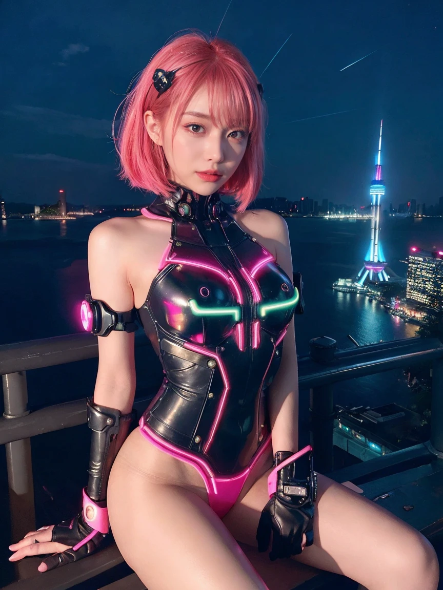 最high quality, masterpiece, 32k、Very detailed、Realistic、1 girl, Japanese women、Cute face, (photo Actual:1.3),Bob Hair(red pink hair color、Pink Hairstyles)、Edge lighting, (Skin with attention to detail:1.2), 8k超High resolution, Single-lens reflex camera, high quality, High resolution, 4K, 8k, Optimal ratio of four fingers to one thumb, (Actual:1.3), cute 1 girl, Realistic、Super Realistic、32k、Very detailed、masterpiece, 最high quality, beautiful girl, beauty、Small breasts, Mecha, Beautiful lighting, (Neon Light:1.2), (night:1.5), Cyberpunk Costume、Sitting,Cyber Neon、Future City、Skyscraper、都会のnight、Shanghai、Big cities、night景、綺麗なnight景