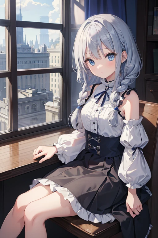 masterpiece, highest quality, High resolution, ***************、blue eyes、
Silver Hair,  Braiding、Jet black ruffled dress, Shoulder puff sleeves、flare skirt、Long skirt、Western-style building、Sit by the window