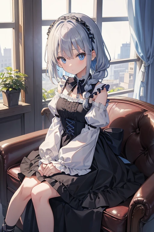 masterpiece, highest quality, High resolution, 、blue eyes、
Silver Hair, Braiding、Jet black ruffled dress, Shoulder puff sleeves、flare skirt、Long skirt、Western-style building、Sit by the window