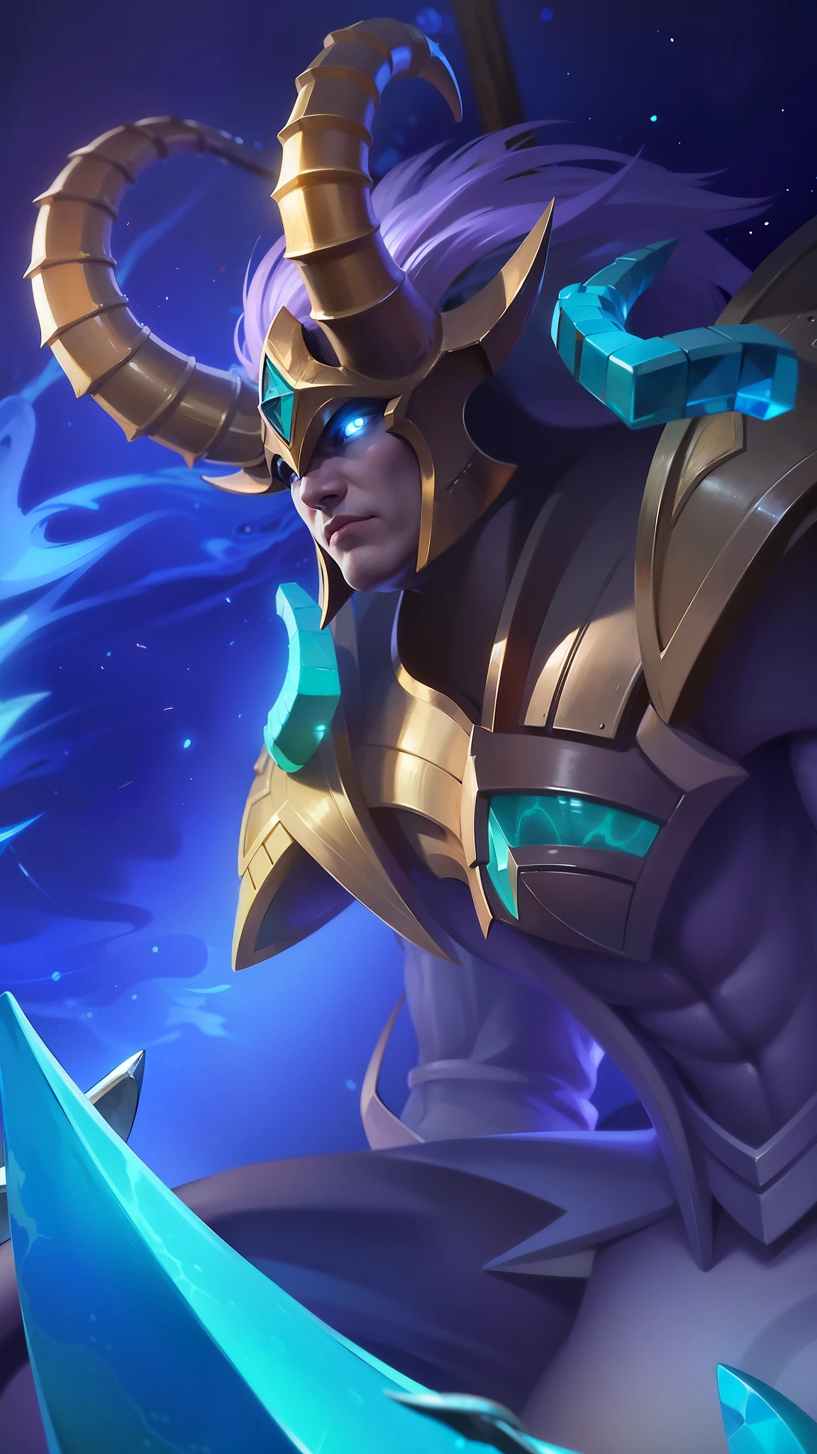 a guy with a sword and a helmet, Masterpiece, ultra HD, detailed all picture, a close up of a devil, dyrroth from mobile legend, evil, extremely detailed artgerm, mobile legends character, inspired by Dyrroth, Six pack chest and abs, black jewel above the chest, light blue eyes, angry.