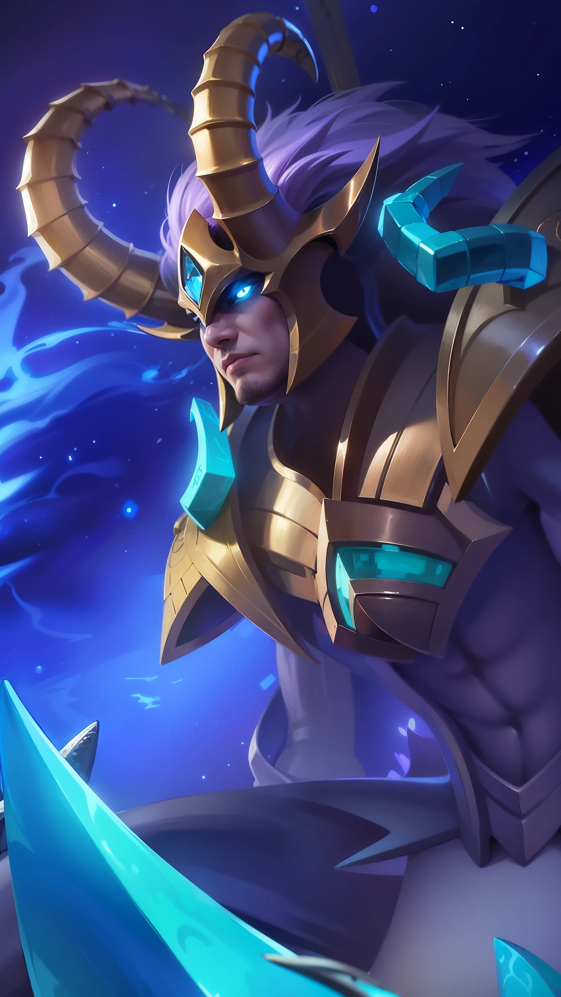 a guy with a sword and a helmet, Masterpiece, ultra HD, detailed all picture, a close up of a devil, dyrroth from mobile legend, evil, extremely detailed artgerm, mobile legends character, inspired by Dyrroth, Six pack chest and abs, black jewel above the chest, light blue eyes, angry.