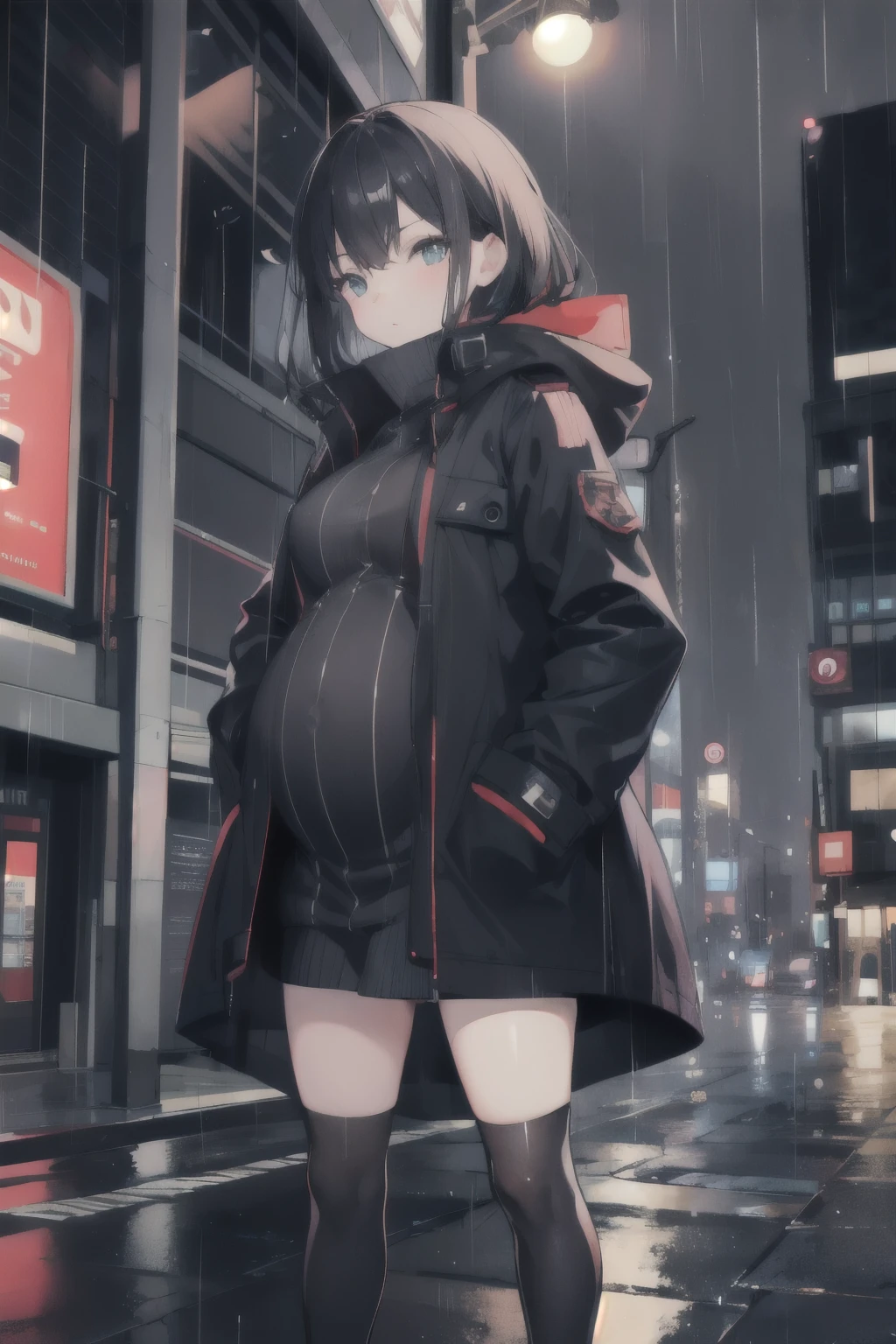 1 Girl,of the night city,rain,coat,Hands in pockets,black stockings, pregnancy