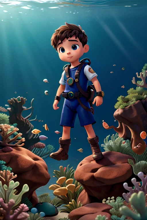 A little boy, diver, in the depths of the ocean, fighting and searching for treasure. More detailed