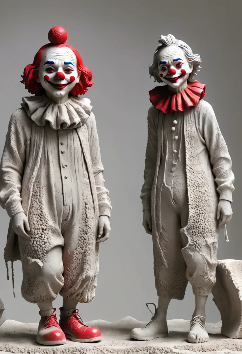 (best quality:1.2),ultra-light Clay, Clay, Pottery, Rough knitted texture, distressed, dirty, mineral pigments, 3D Clay sculpture art, Clay sculpture, Rough surface, (artwork，clown，Red Nose，solitary独的身影，whole body，barefoot，cover up,solitary,)