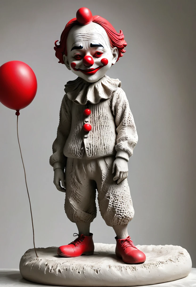 (best quality:1.2),ultra-light Clay, Clay, Pottery, Rough knitted texture, distressed, dirty, mineral pigments, 3D Clay sculpture art, Clay sculpture, Rough surface, (artwork，clown，Red Nose，solitary独的身影，whole body，barefoot，cover up,solitary,)