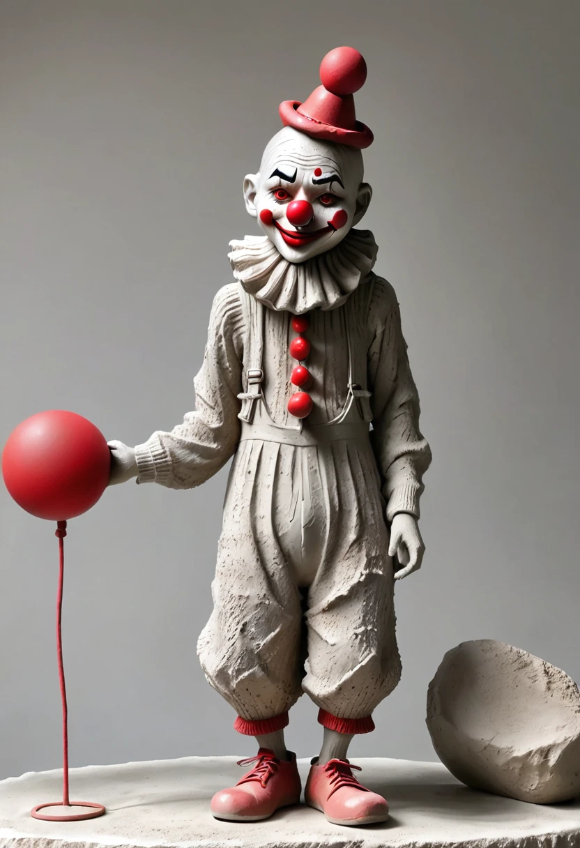 (best quality:1.2),ultra-light Clay, Clay, Pottery, Rough knitted texture, distressed, dirty, mineral pigments, 3D Clay sculpture art, Clay sculpture, Rough surface, (artwork,clown,Red Nose,solitary独的身影,whole body,barefoot,cover up,solitary,)