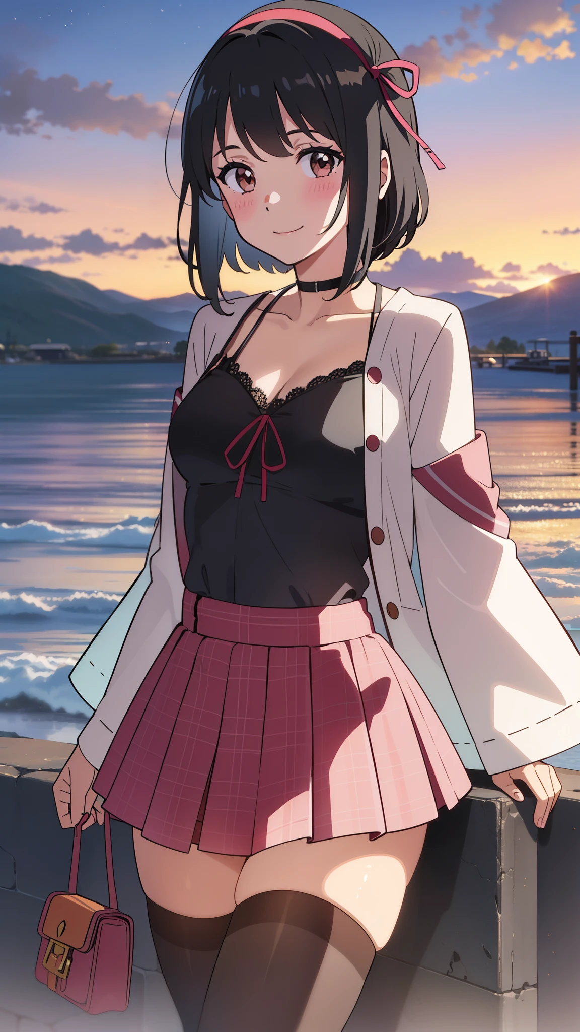 shinkai makoto, kimi no na wa., 1girl, bangs, black hair, blush, brown eyes, idol, idol clothes, collarbone, red headband, red ribbon, bow hair ornaments, open jackets, black bikini, pink skirt, short skirt, Off-the-shoulders, black thighhighs, short hair, smile, cute, solo, outdoors, sunset background, sunlight, evening