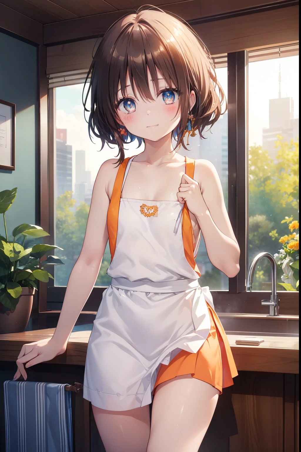 Yuki mandarin orange,,blush,smile,Naked but wearing an apron、Primary school students、The back is very small、****ta、Small breasts、exterior: ************、Shoulder Bare、The clavicle is visible、Sexy thighs、Beautiful legs、Usual hairstyle、Show your armpits:1.2), highest quality, High resolution, unity 8k wallpaper, (shape:0.8), (Beautiful and beautiful eyes:1.6), Highly detailed face, Perfect lighting, Highly detailed CG, (Perfect hands, Perfect Anatomy),