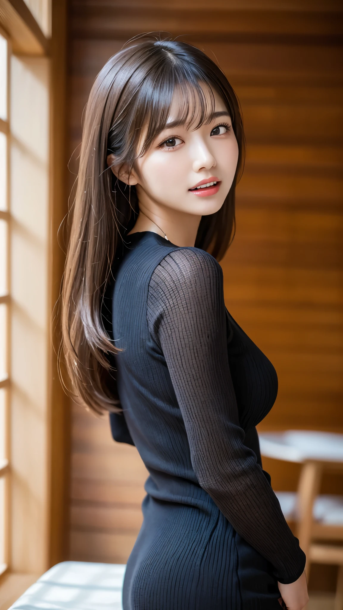 Tabletop, highest quality, figure, Very detailed, In detail, High resolution, 8k wallpaper, Perfect dynamic composition, Beautiful fine details, Natural Lip, long sleeve black knit dress, Small breasts, ランダムにcuteポーズ,RAW Photos,KPOP idol faces,cute,Face close-up,BREAK ceremony,((Random sexy poses、put in、Deep joy, Ecstatic eyes:1.2)), ((I gasp hard:1.2))、Ecstatic face、Climax expression, Through clenched teeth、My whole body is convulsing、Official Art,Very detailed CG Unity 8k 壁紙, (masterpiece:1.0),(highest quality:1.0), photo shoot, 8k, Browsing Caution, High resolution, Kodak Portrait 400, Film Grain, Lens flare brilliance,Very low camera angle, View your viewers, Back view