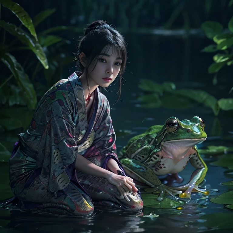 (highest quality、4k、8k、High resolution、masterpiece: 1.2)、Super detailed、(Real、Photorealistic、Photorealistic: 1.37)、Full Body Portrait、media: Fantasy、Horror、ダーク Fantasy、Creatures、ハイブリッド Creatures、(Anatomically correct fingers: 1.4 )、(The upper body of a beautiful young woman)and((A hybrid creature with the lower body of a frog: 1.5))、(Squats with legs open:1.5)、Visualization of mythical creatures、yukata、At night in the swamp、Dark atmosphere、Dim color、Spooky lighting、looking at the camera