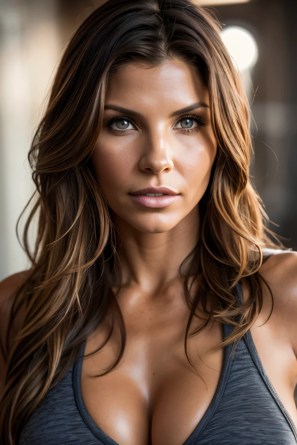 Natural photography of Charisma Carpenter, 25 years old, wearing fitness clothes, leaning over, wavy hair, normal bust, showing bust, locks eyes into the camera, symmetrical eyes, symmetrical face, photorealistic, photography, path tracing, specular lighting, volumetric face light, path traced hair, visible shadows, intricate, elaborate, photo realistic, 8k, UHD, high textured skin, high details, highres, hyperrealistic, accurate, Sony FE 16-35mm, anatomically correct, perfect anatomy