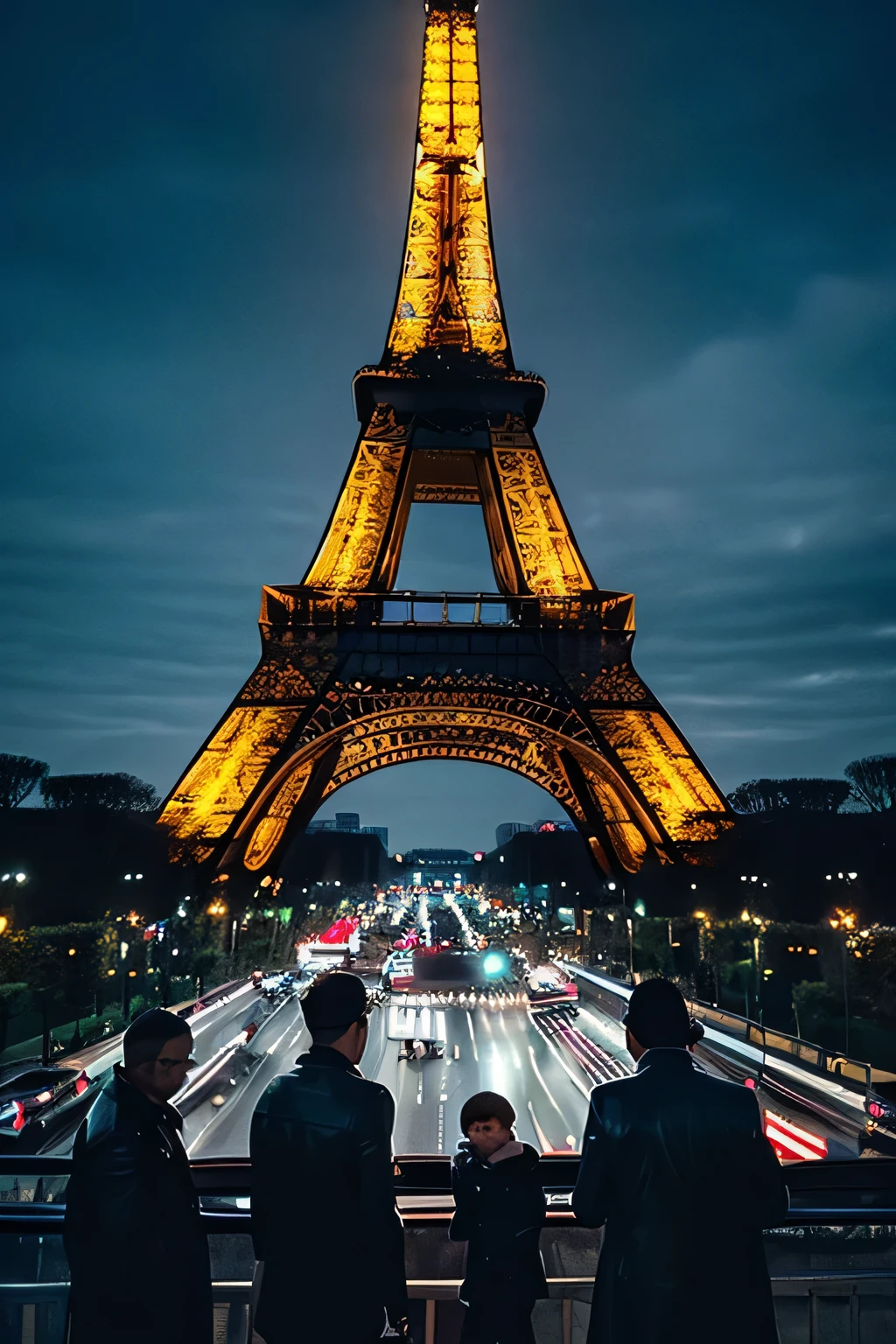 Eiffel Tower、Spooky atmosphere、There are several men wearing leather jackets.