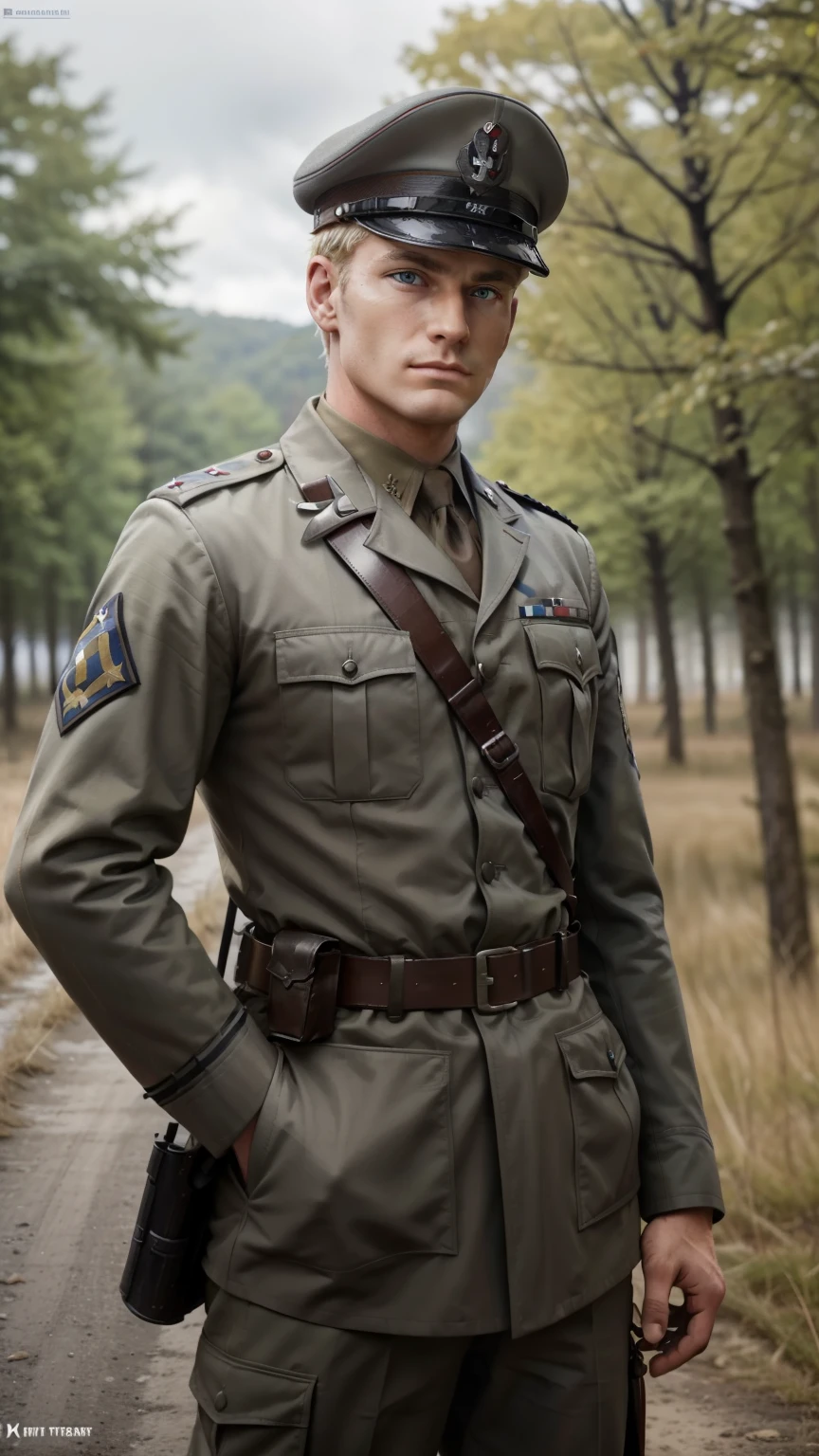 "Craft a vivid narrative depicting a strikingly handsome, blond-haired German military officer who serves as a high-ranking officer in the Waffen-SS during World War II. This officer, adorned in his grey military uniform and topped with a stern military cap, exudes an aura of chilling determination and lethal precision. His icy demeanor and merciless nature are palpable as he navigates the tumultuous landscapes of wartime Europe. Capture the essence of his presence on the battlefield, portraying both his tactical brilliance and the ferocity with which he executes his duties. Explore the complexities of his character, delving into the moral ambiguity that comes with his allegiance and actions within the context of history's most tumultuous conflict." uper fine face, super fine eyes, super fine nose, super fine mouth, perfect face, blue eyes, grey uniform,  uniform, ww2 soldier uniform, ww2 german soldier officer uniform, waffen ss uniform, Wehrmacht uniform, super realistic waffen ss uniform.