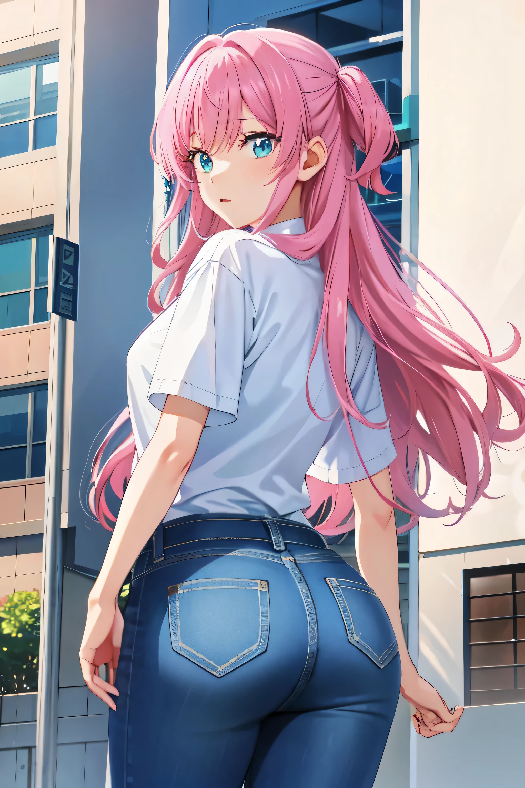 akari watanabe, long hair, solo,  pink hair, blue eyes, looking at viewer, round ass,  1girl , A-line skirt, jeans