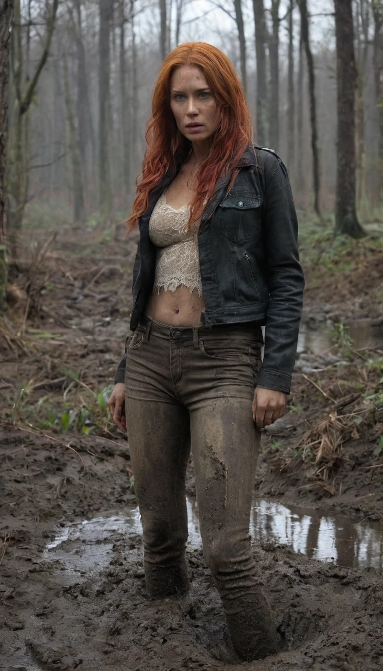 Hyper-realistic, ultradetailed, Raw, masterpiece. dark forest. 40-years-old woman is caught drowning in a quicksand sticky cement bog. The swamp sexually devours her body. ((on face: fright, depraved)). ((soaked muddy jeans)), (lace muddy top), shortness of breath, shameful, loses control of himself, ((Trapped in lust, defenseless)), Copper-red hair, sweat, hard breath