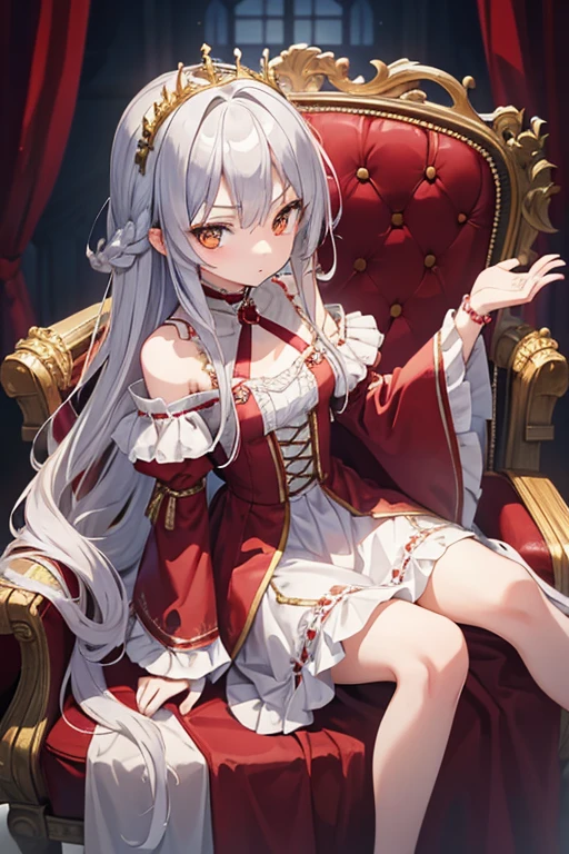 masterpiece, highest quality, High resolution, ****************、Golden Eyes、
Silver Hair,  A little angry、Braiding、Crimson frill dress, Clothes with puffy shoulders、flare skirt、Long skirt、Tiara on head、Castle、Sitting on the throne