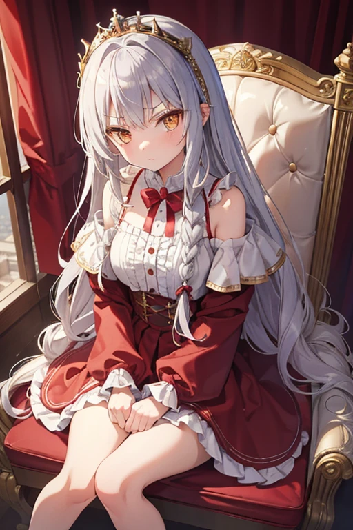 masterpiece, highest quality, High resolution, 14-year-old girl、Golden Eyes、
Silver Hair,  A little angry、Braiding、Crimson frill dress, Clothes with puffy shoulders、flare skirt、Long skirt、Tiara on head、Castle、Sitting on the throne