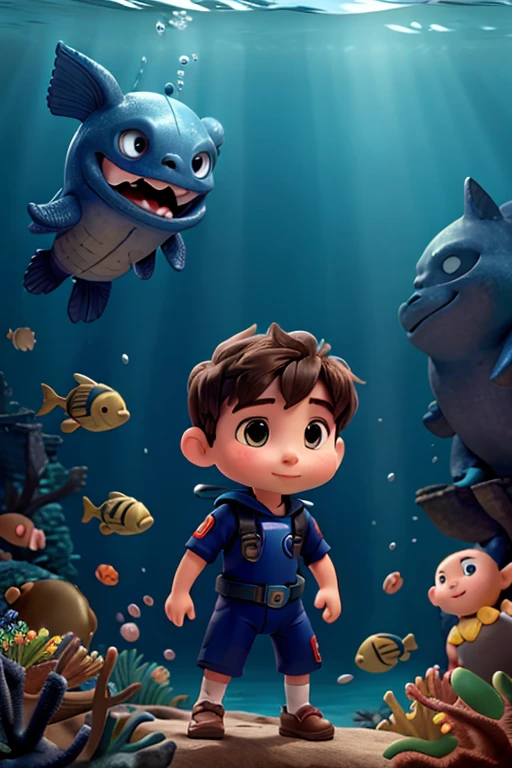 A little boy, diver, in the depths of the ocean, fighting with monsters. More detailed