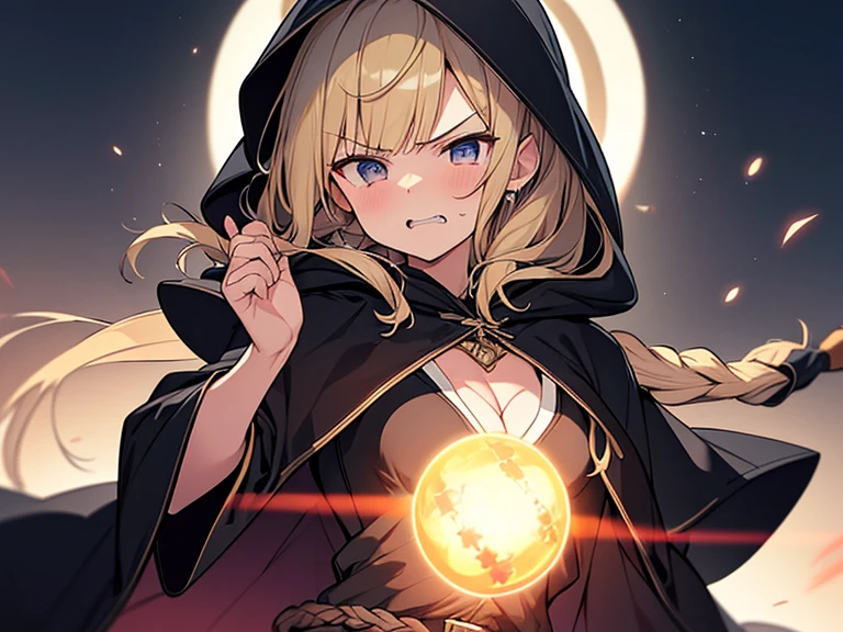Masterpiece, Top quality, 1 beautiful girl, Blonde, medium Hair, Braided hair, wavy Hair, blunt bangs, 15 year old mage, standard weight, (small breasts :1.2), cleavage, (very large dark sorceress long robe with hood:1.3), pleated skirt, witch hat, (angry:1.3), floating fireballs, beautiful scene of magic world, Clothes swaying in the wind, backlighting, having a Grimoire, magic circle