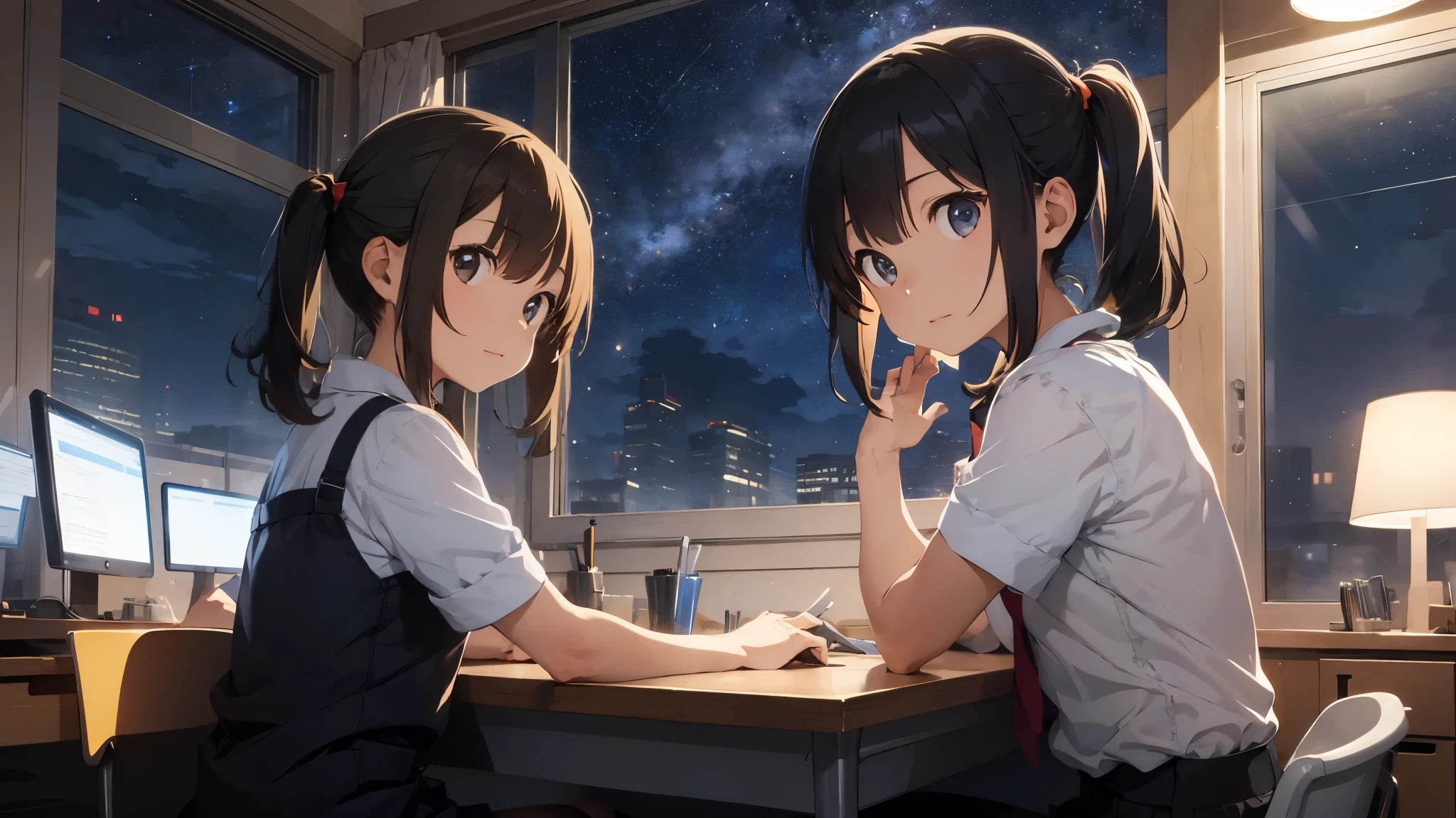 girl working on a desk and bright stars at the background night 