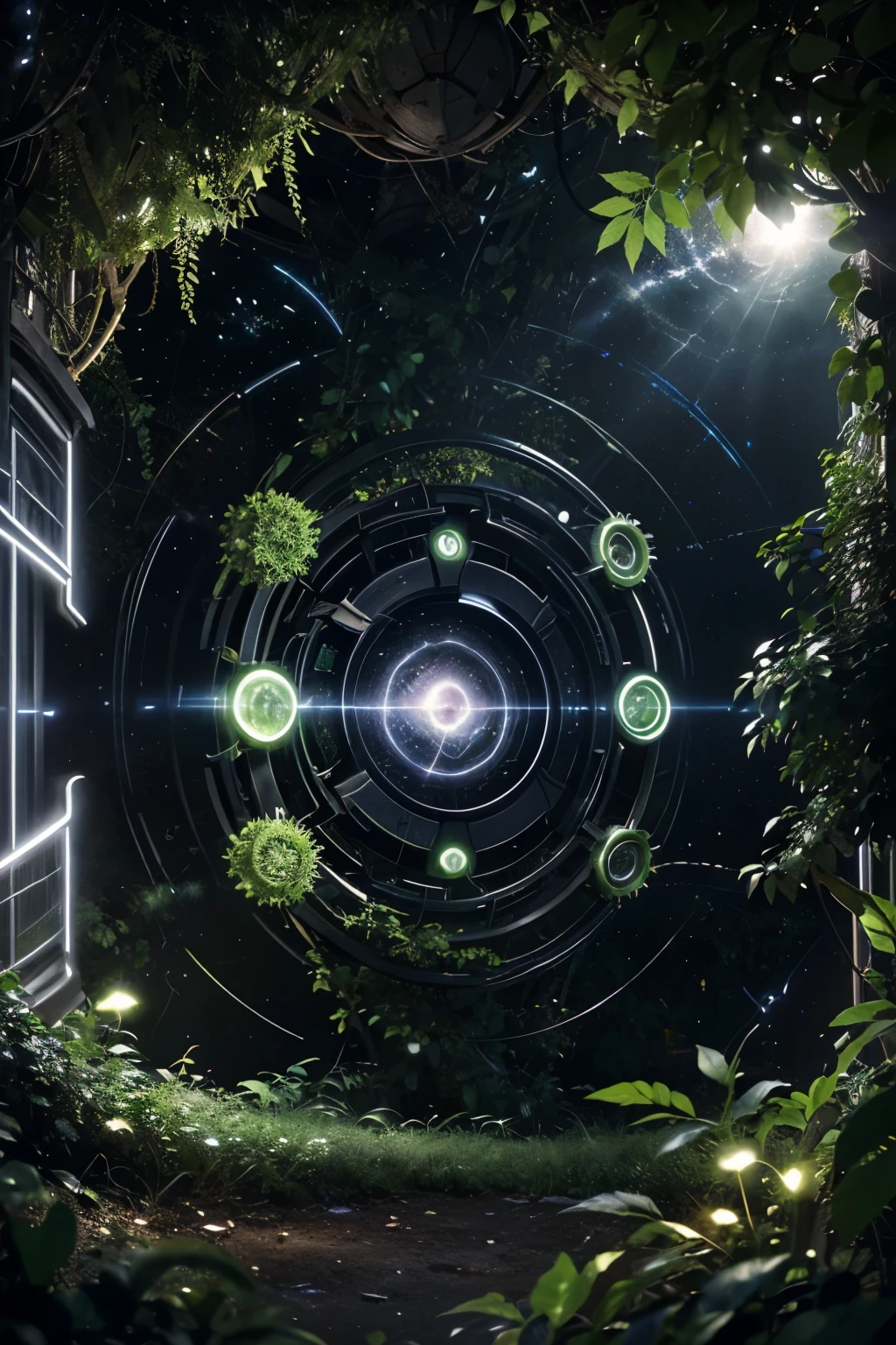 The vines are mixed up，The Gate of Time and Space is covered with lush plants.，Web portal，wormhole，whirlpool，distortion，Mechanical gears，connected, Alien worlds and alien jungles，（（（escaped alien））），lightning，wool，lightwool，Glowing ions，ray tracing