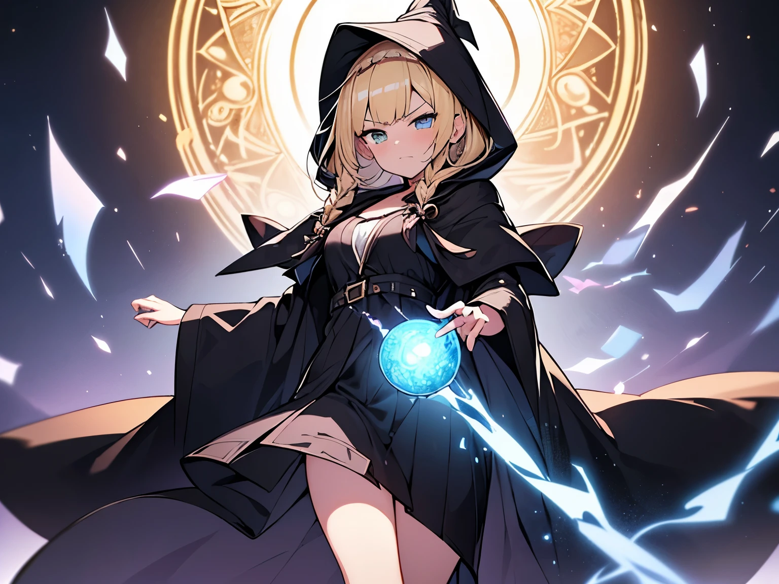 Masterpiece, Top quality, 1 beautiful girl, Blonde, medium Hair, Braided hair, wavy Hair, blunt bangs, 15 year old mage, standard weight, (small breasts :1.2), cleavage, (very large dark sorceress long robe with hood:1.3), pleated skirt, witch hat, (angry:1.3), floating fireballs, beautiful scene of magic world, Clothes swaying in the wind, backlighting, having a Grimoire, magic circle