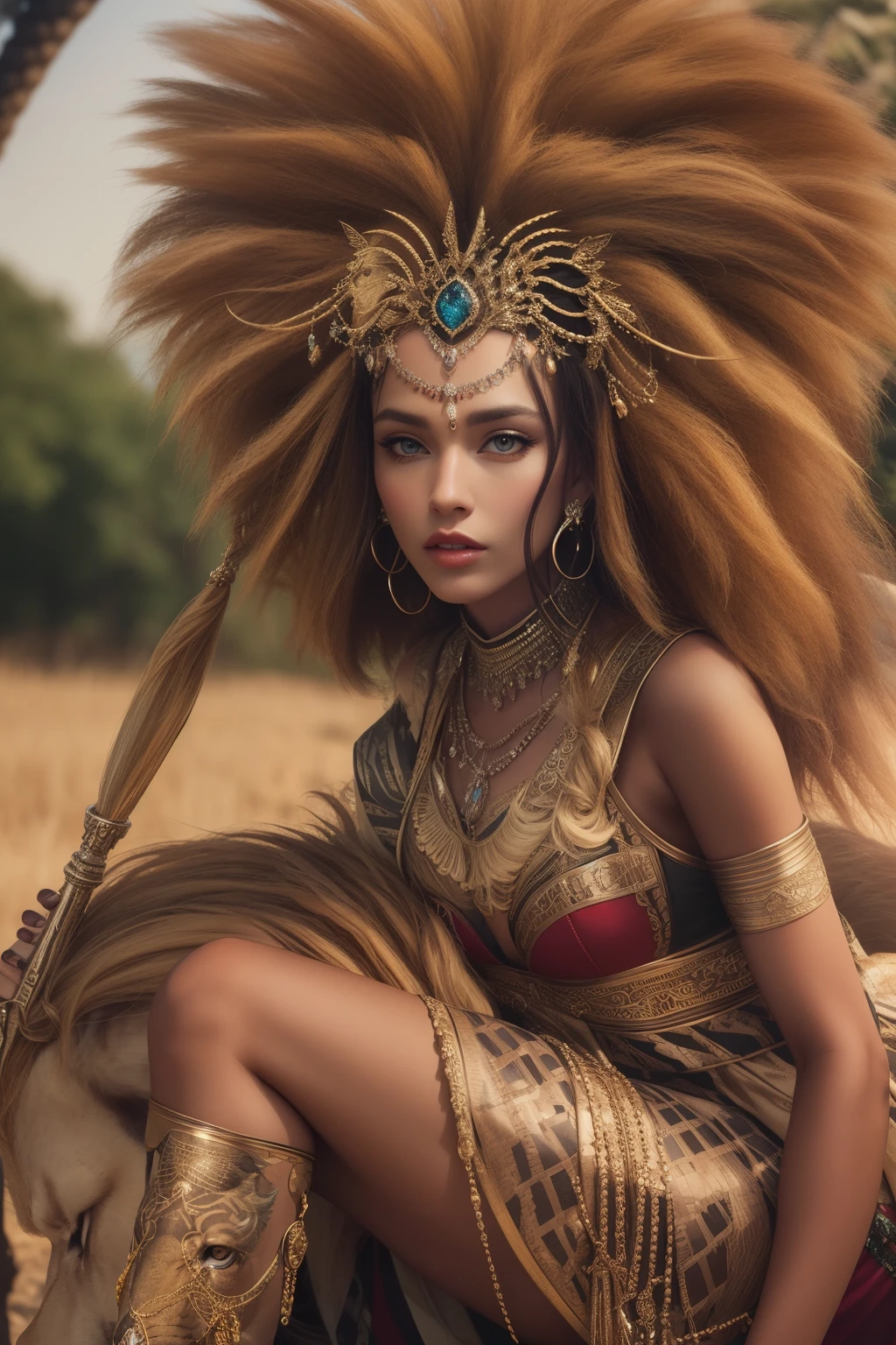 Fashion Editorial Shooting von Versage, Breathtaking Goddess of Africa, Savanne, Lion, Panther, Mode, kompliziert, detailreiche Outfits, hyperrealistische Fotografie, Mode fashion, scharfer Fokus, filmisch, HDR, 8k