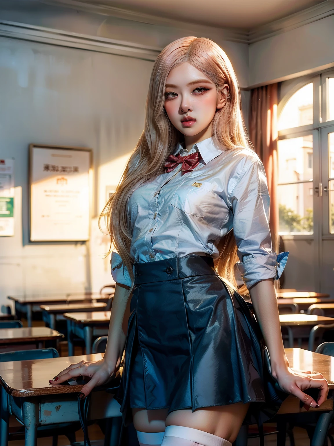 Dynamic posing, dynamic angle, Arrange pose,Top quality work, (short golden hair),(golden eyes), Rose cheeks, Pretty Face, A perfectly proportioned face, school shirt with red bow and black skirt, (school uniform), white stockings，in classroom， amazing, Large round chest、Beautiful eye details、Beautiful eyelashes、beautiful double eyelid, with blush cheeks,
