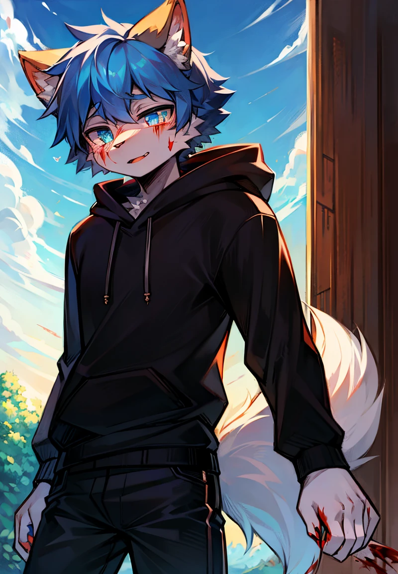 Cat,male,Furry ears,Fluffy tail,black sweatshirt,Black pants,high quality,Sky-blue pupils,Blood,dark,Wound