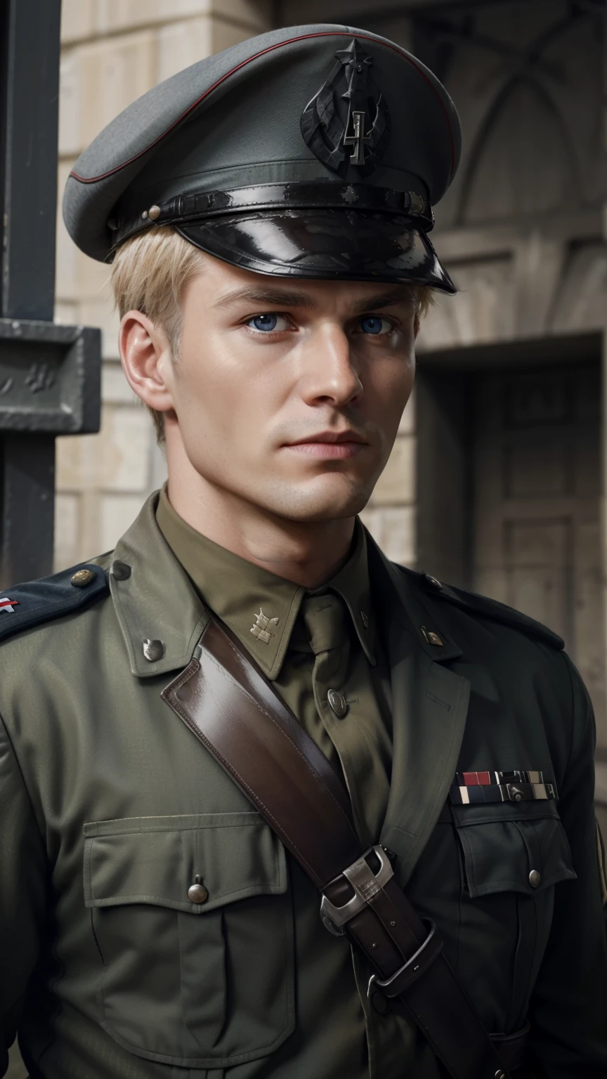 "Craft a vivid narrative depicting a strikingly handsome, blond-haired German military officer who serves as a high-ranking officer in the Waffen-SS during World War II. This officer, adorned in his grey military uniform and topped with a stern military cap, exudes an aura of chilling determination and lethal precision. His icy demeanor and merciless nature are palpable as he navigates the tumultuous landscapes of wartime Europe. Capture the essence of his presence on the battlefield, portraying both his tactical brilliance and the ferocity with which he executes his duties. Explore the complexities of his character, delving into the moral ambiguity that comes with his allegiance and actions within the context of history's most tumultuous conflict." uper fine face, super fine eyes, super fine nose, super fine mouth, perfect face, blue eyes, black uniform,  uniform, ww2 soldier uniform, ww2 german soldier officer uniform, waffen ss uniform, Wehrmacht uniform, super realistic waffen ss uniform.