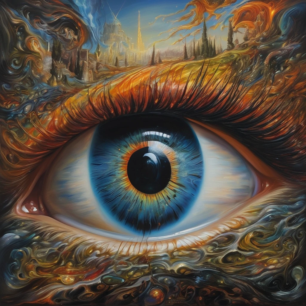 Devil's Eye imagination double exposition art paysager fantastique sombre, éclairage d'accentuation avec lumière soufflée, insane and complex details, bel oeil effrayant, superb detail of the oil painting,