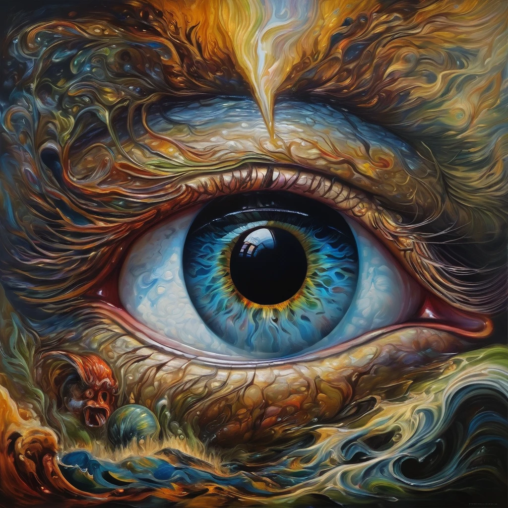 Devil's Eye imagination double exposition art paysager fantastique sombre, éclairage d'accentuation avec lumière soufflée, insane and complex details, bel oeil effrayant, superb detail of the oil painting,