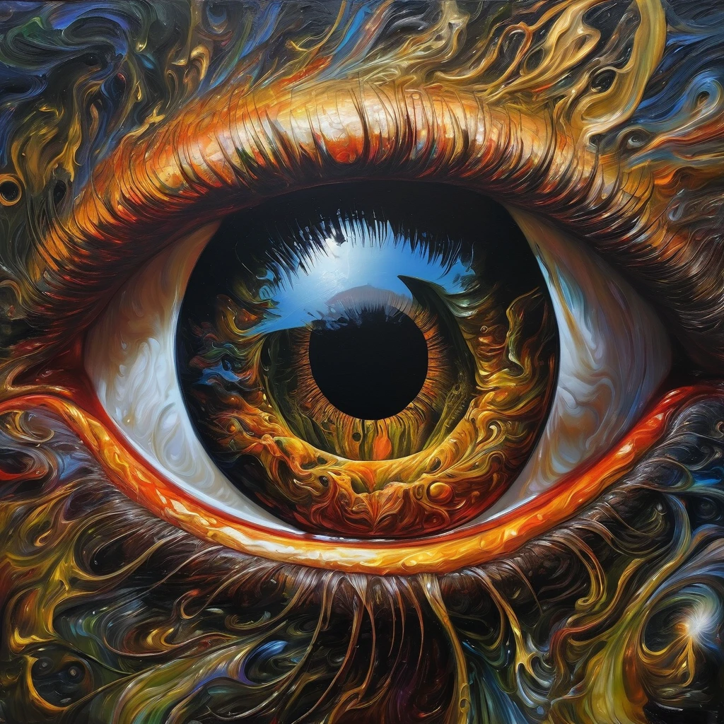 Devil's Eye imagination double exposition art paysager fantastique sombre, éclairage d'accentuation avec lumière soufflée, insane and complex details, bel oeil effrayant, superb detail of the oil painting,