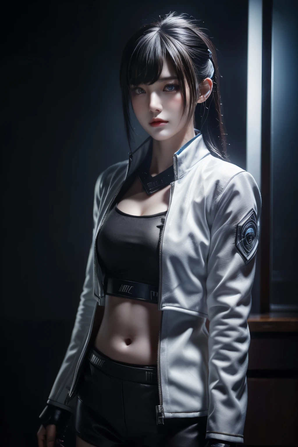 tmasterpiece,Best quality,A high resolution,8K,(Portrait photograph:1.5),(ROriginal photo),real photograph,digital photography,(Combination of cyberpunk and fantasy style),(Female soldier),20 year old girl,random hair style,By bangs,(Red eyeigchest, accessories,Redlip,(He frowned,Sneer),(Cyberpunk combined with fantasy style clothing,Openwork design,joint armor,police uniforms,White jacket,Red),exposing your navel,Photo pose,Realisticstyle,Thunder and lightning on rainy day,(Thunder magic),oc render reflection texture