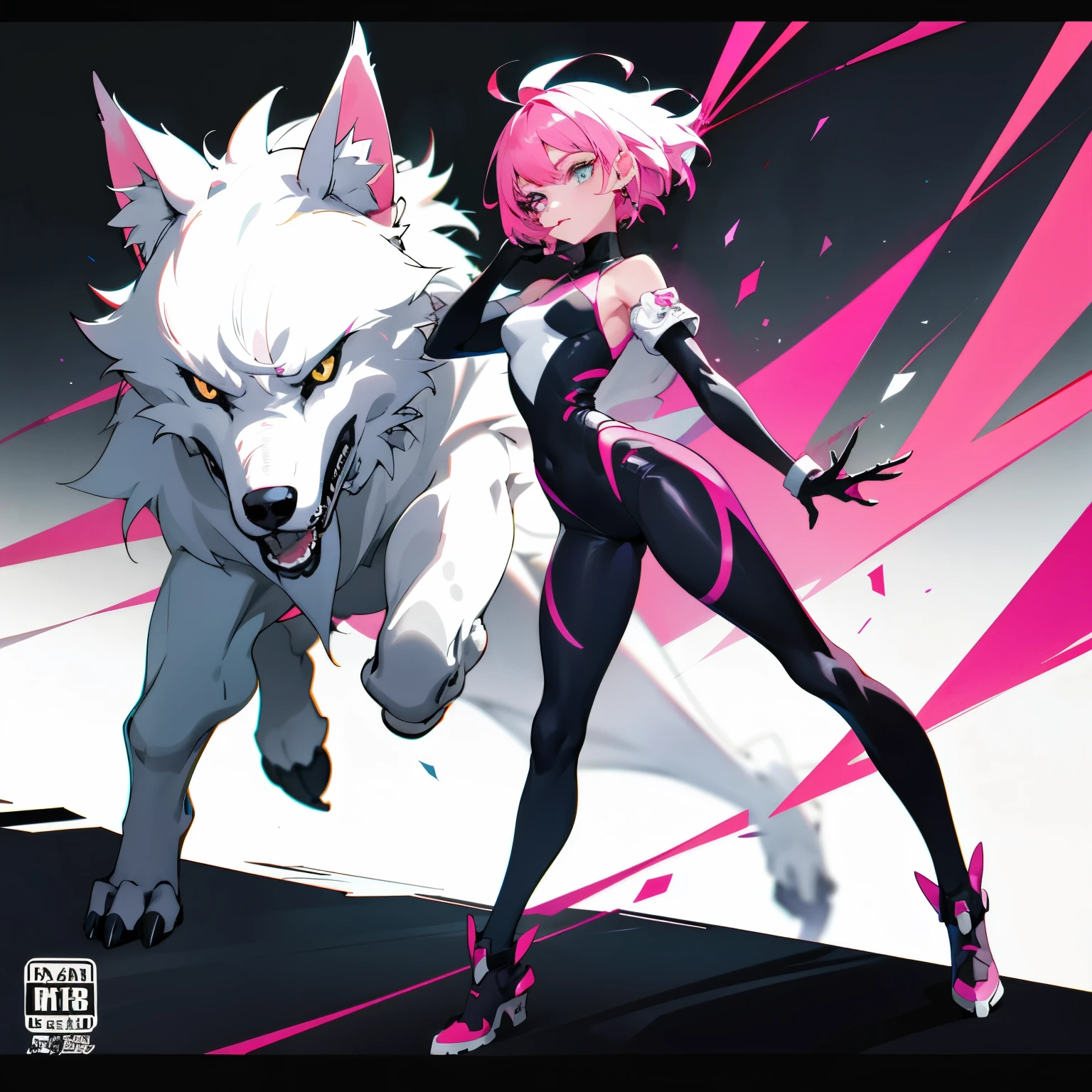 A young 2D anime girl with a sharp jawline and piercing sharp eyes stands proudly with a playful wolf by her side. Her pink short hair frame her pretty face, adding a touch of cuteness to her strong features. In the full-body cover size photo, she wears a simple yet stylish outfit, showcasing her sleek body and perfect proportions. Her expression radiates confidence and determination, making her an intriguing and captivating character.